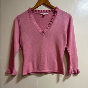CARRIE FORBES Pink Ruffle V-Neck Sweater 50% Cashmere 50% Silk